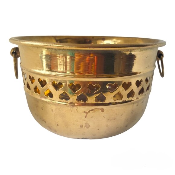 Vintage Solid Brass Planter Cache Pot Pierced Hearts Design 3.5”” H x 6” W - Picture 3 of 7